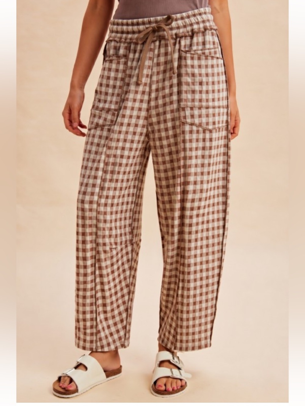 Mocha Gingham Barrel Fit Knit Pants